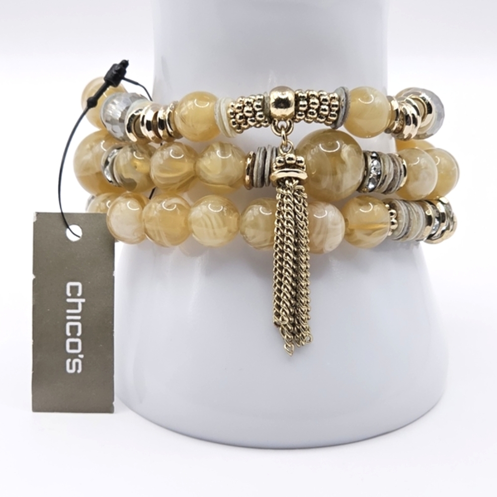 CHICO'S Vinia Tan and Gold‎ Beaded Stretch Bracelet Set